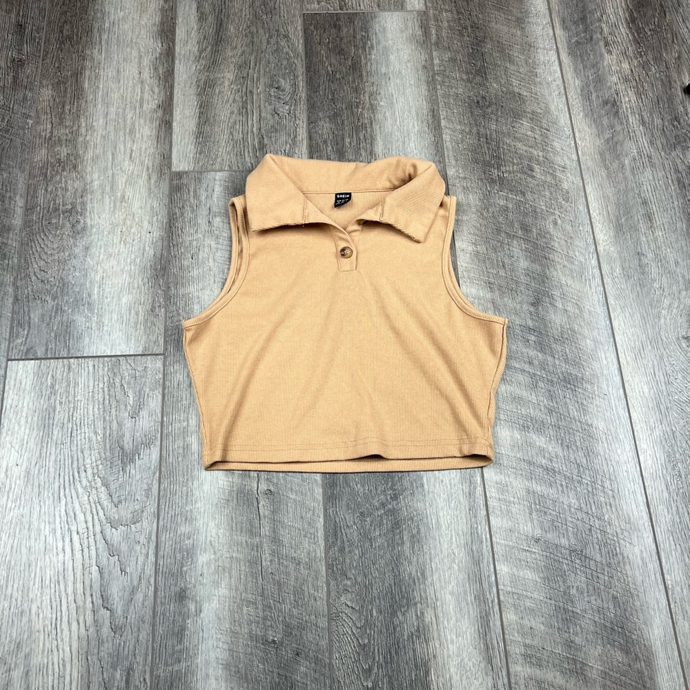 SHEIN Tan Collared Crop Top